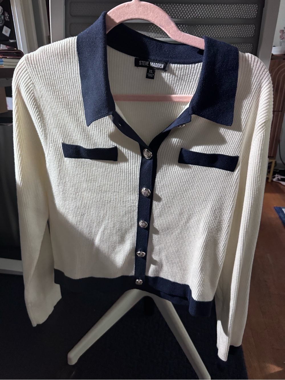 Steve Madden Cream and Navy Trim Collared Button Cardigan